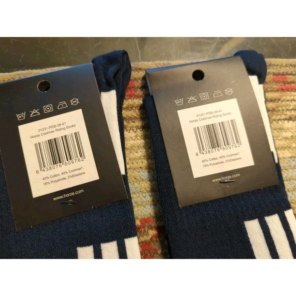 New 2 pair Horze Brand Navy Blue w/white COOLMAX TALL SOCKS Horse‎ riding